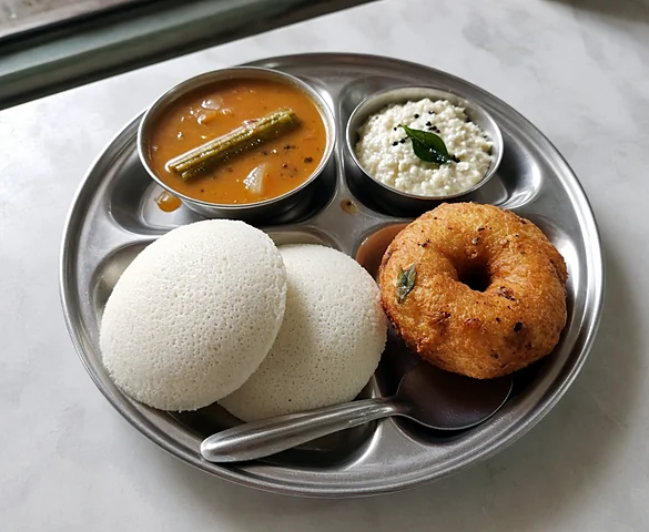 Two idly and a medu vada on a steel plate with sambar and coconut chutney