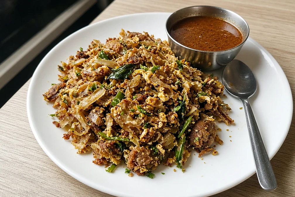 Lamb kothu paratha with egg, onion, green chilli and curry leaves, with salna on the side